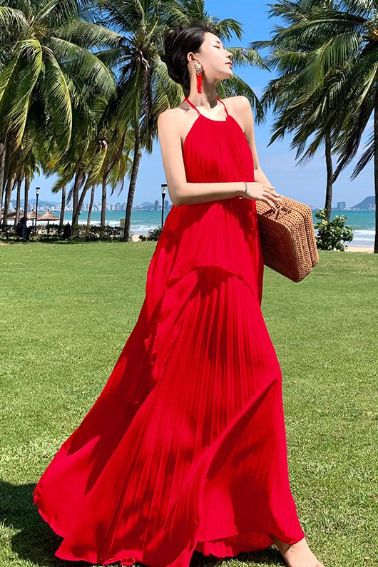 超仙海邊度假連衣裙露背長裙高級感氛圍拍照女神穿搭性感仙氣套裝