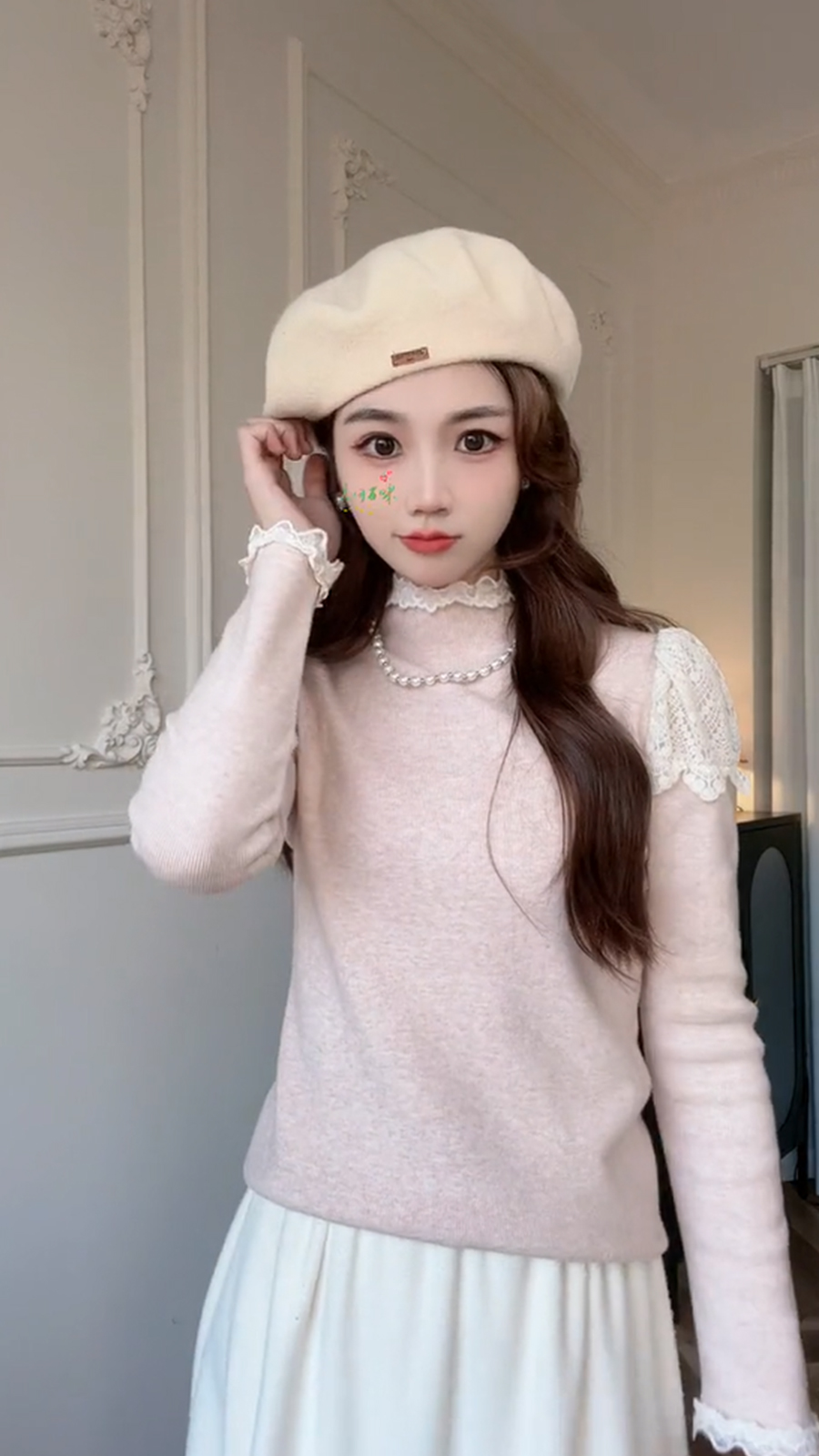 2023 autumn and winter new knitted sweet girl's age-reducing and slimming ins splicing lace turtleneck wool knitted top