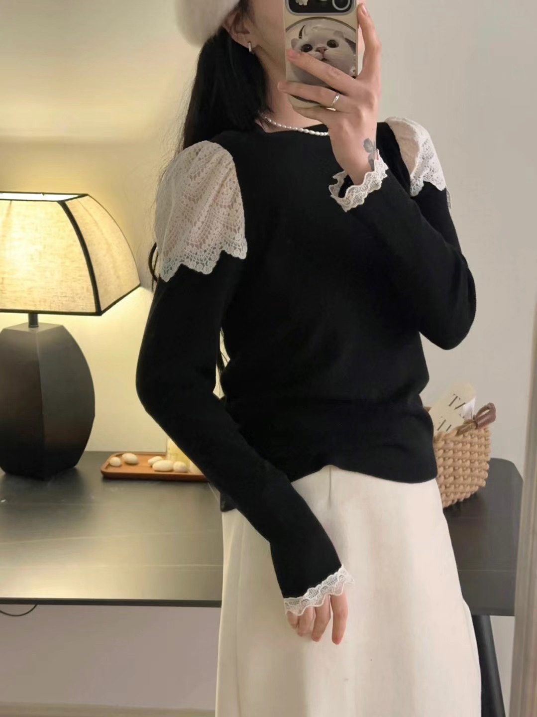 2023 autumn and winter new knitted sweet girl's age-reducing and slimming ins splicing lace turtleneck wool knitted top