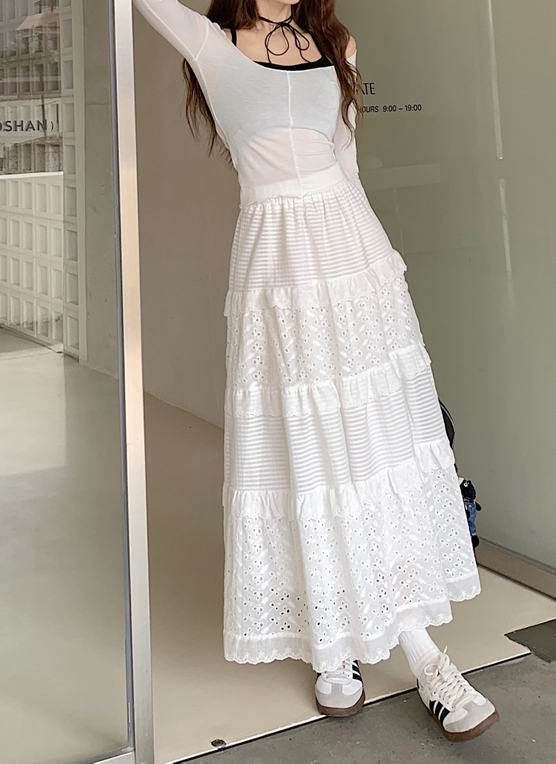 Real shot of white skirt, women's A-line skirt, cake skirt, gentle style long skirt, niche crochet skirt with sense of design