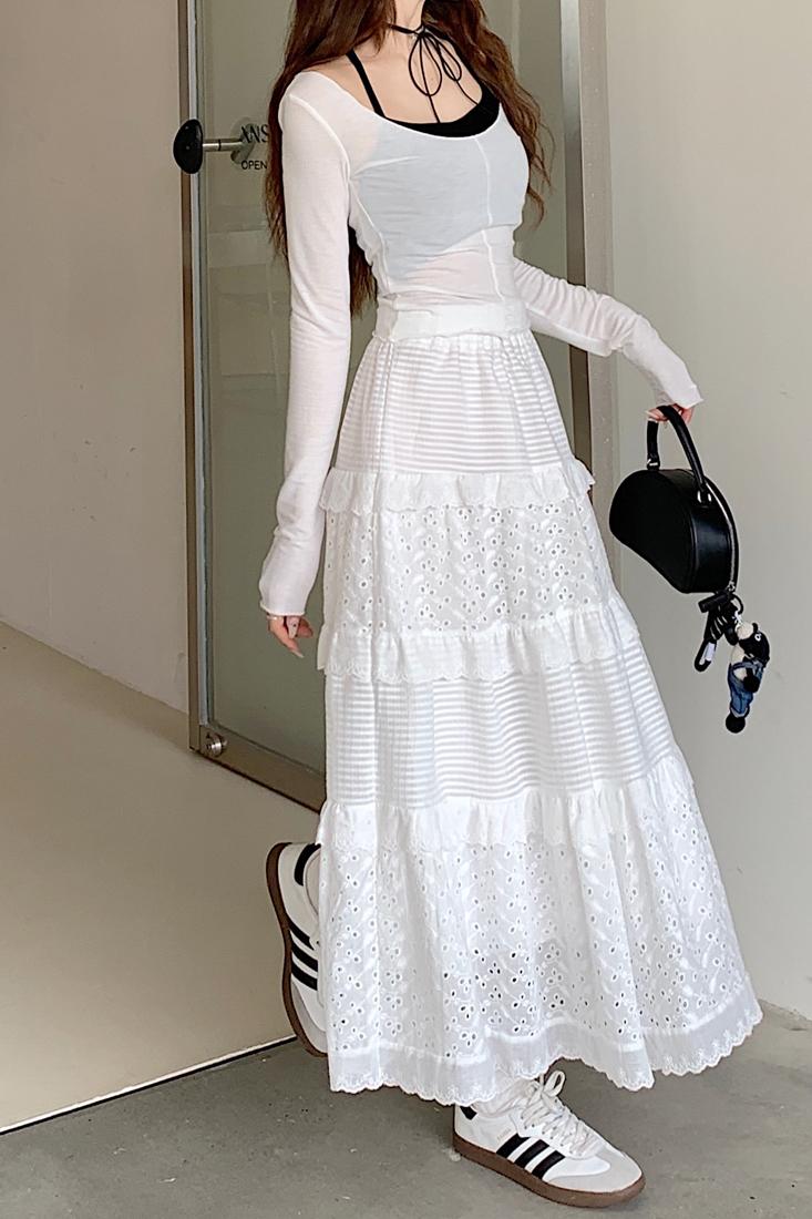 Real shot of white skirt, women's A-line skirt, cake skirt, gentle style long skirt, niche crochet skirt with sense of design