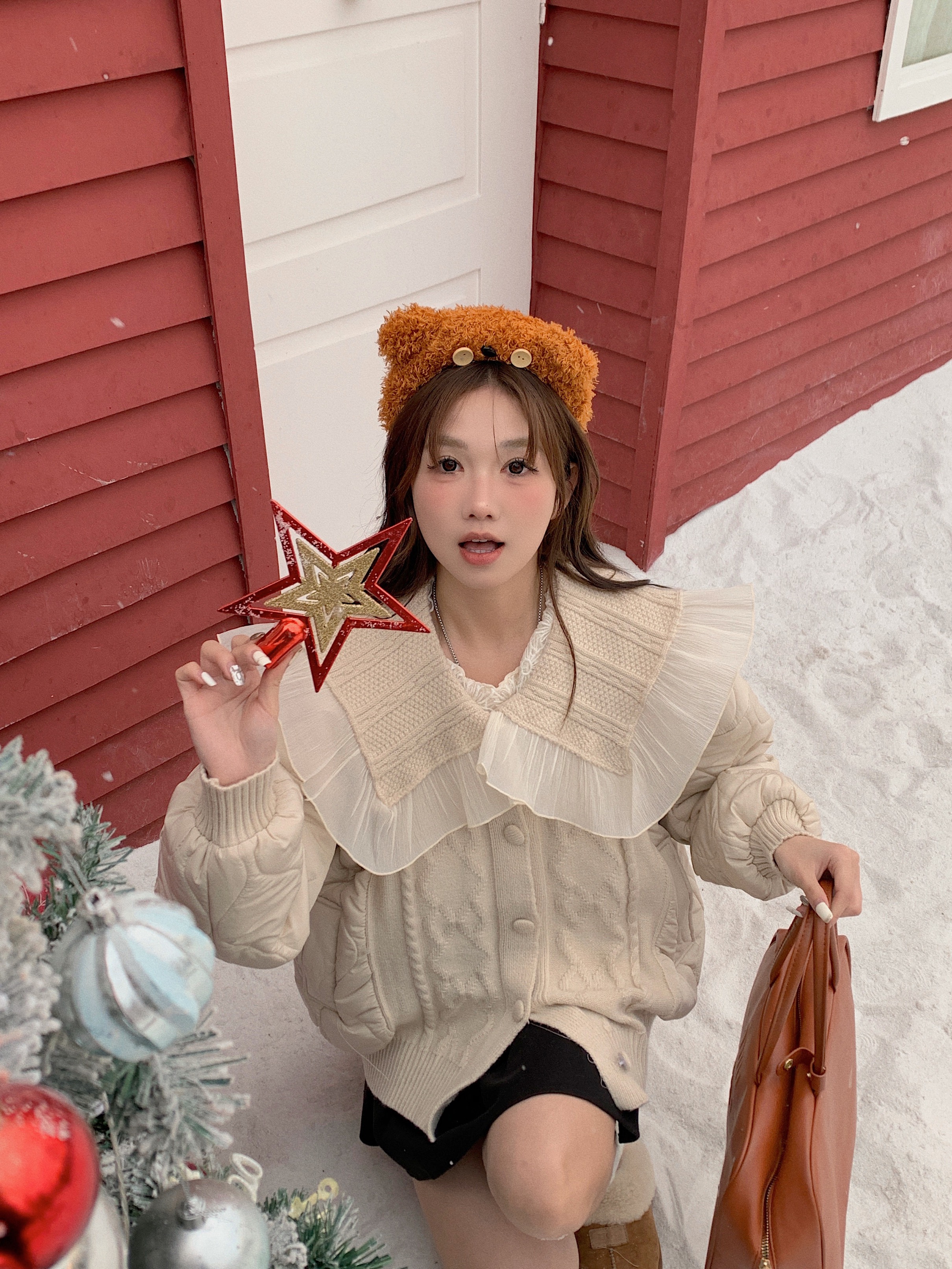 实拍韩系奶系甜美减龄娃娃领针织蕾丝加厚外套女冬季夹棉棉服