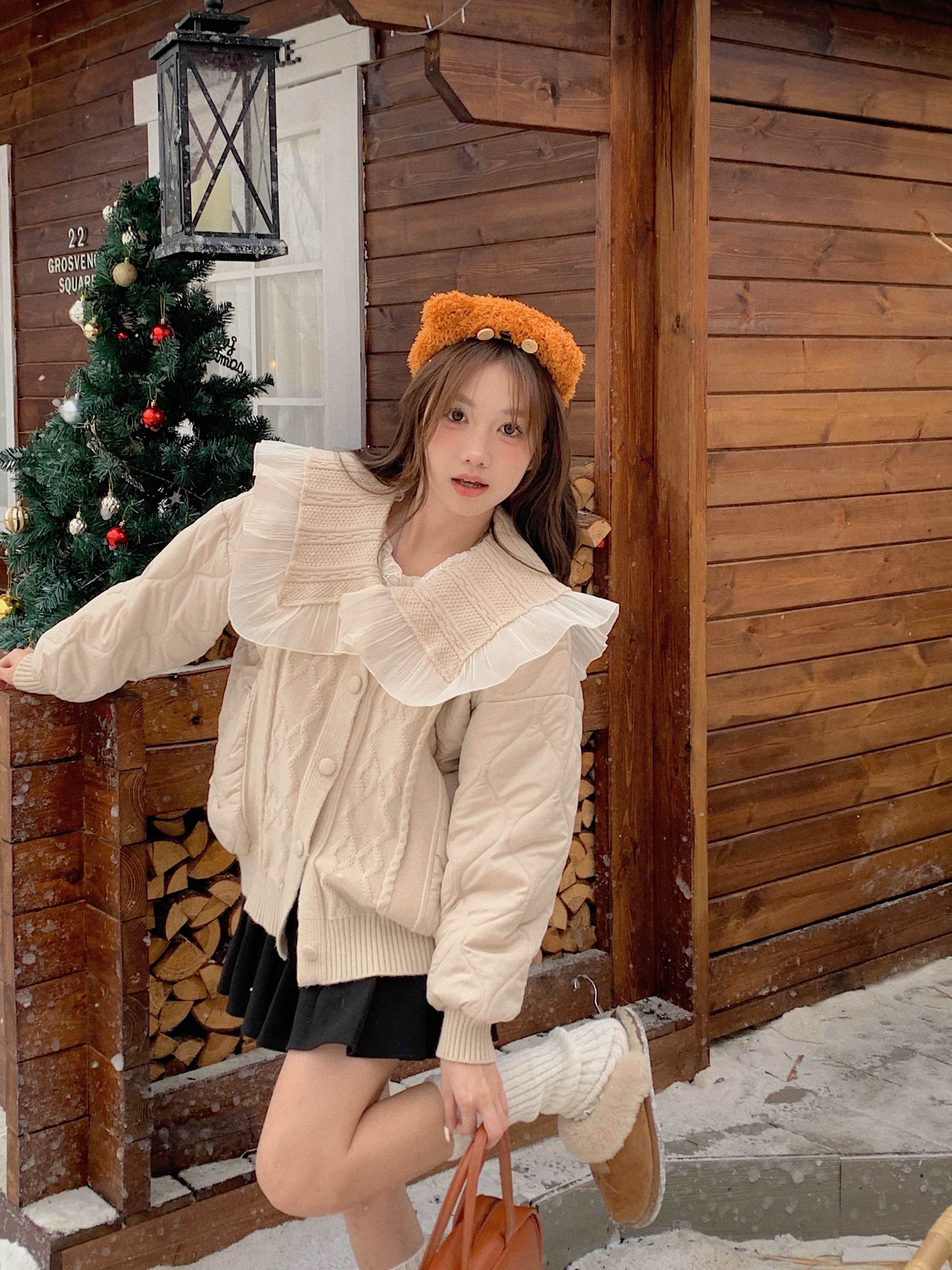Real shot of Korean milk-style sweet age-reducing doll collar knitted lace thickened jacket for women winter quilted cotton clothing