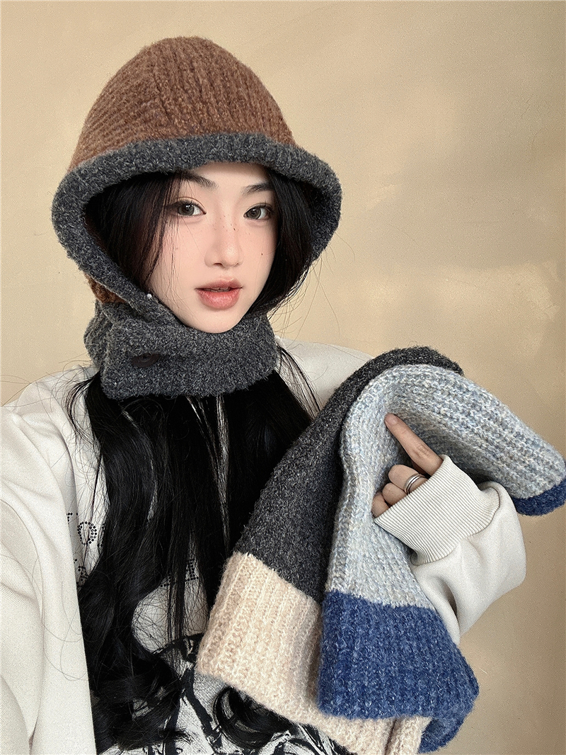 Real shot!  Winter wool blend balaclava warm neck scarf integrated ear protection knitted hat