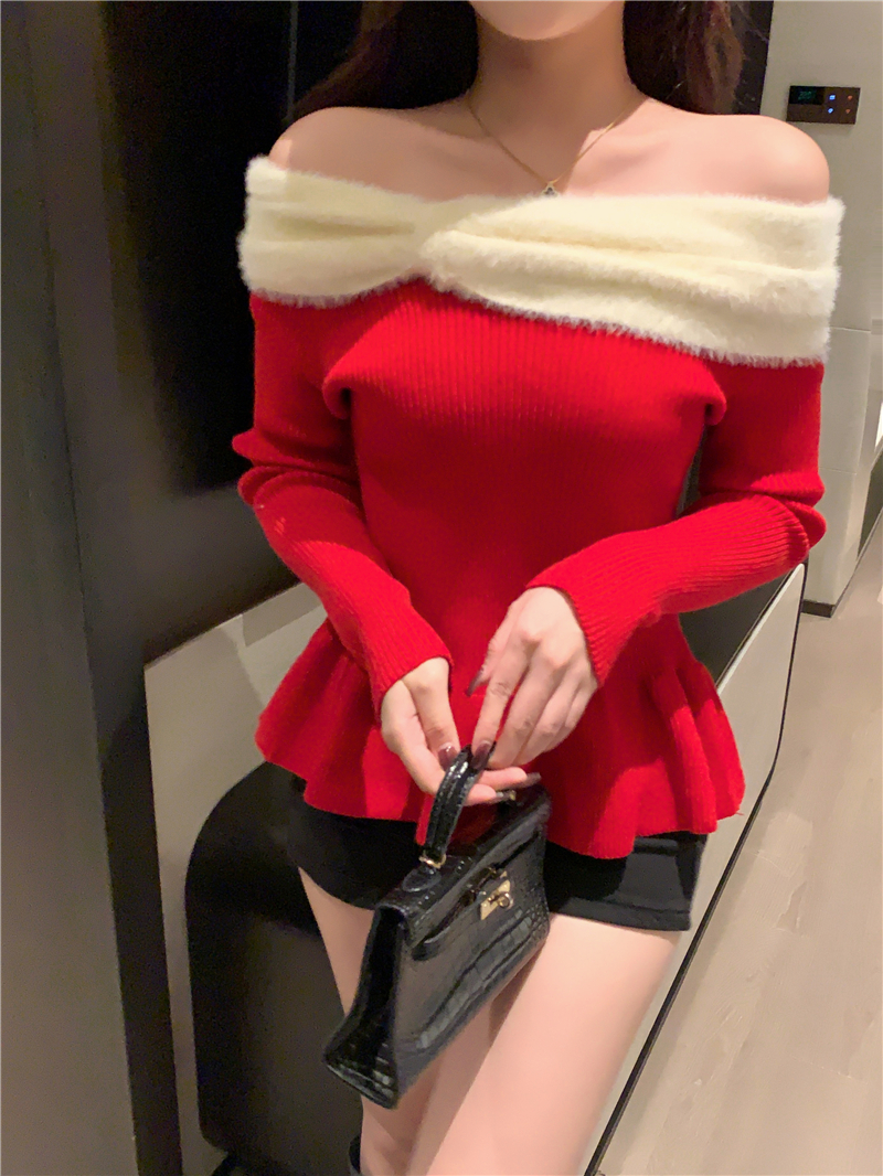 Real shot of French New Year red bow one-shoulder sweater with ruffled edge knitted sweater top