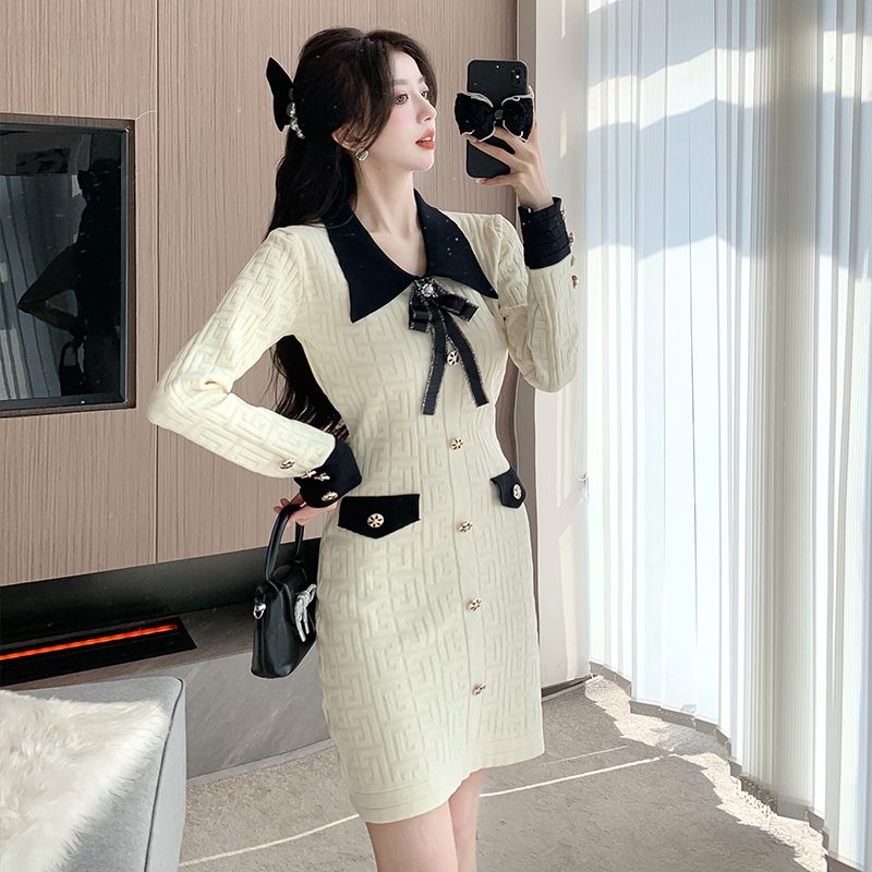 名媛氣質法小香風修身連衣裙女時尚蝴蝶結打底針織裙赫本風女潮