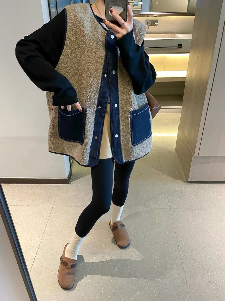 Lamb wool vest for women's outer wear autumn and winter new Korean loose and versatile denim vest jacket for small people