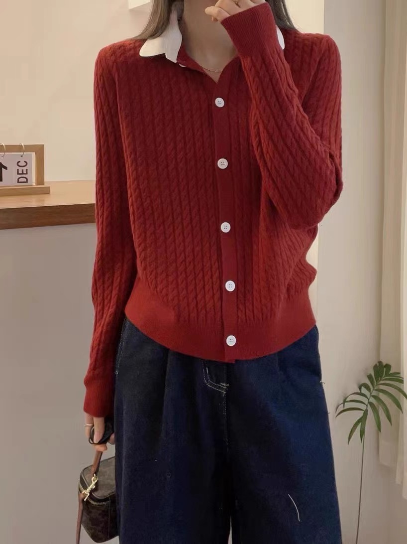 时尚POLO领撞色单排扣羊毛针织开衫韩系秋冬季麻花设计感慵懒毛衣