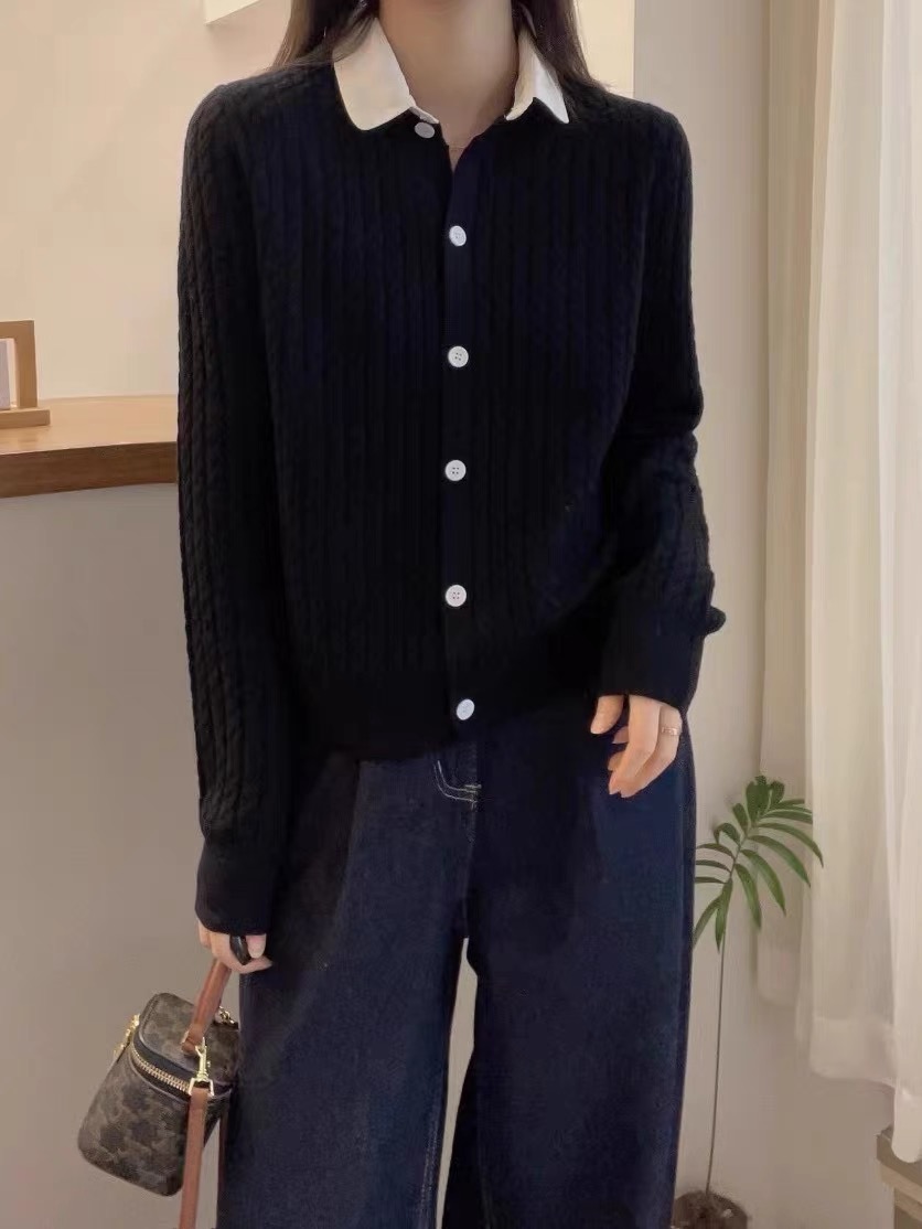 时尚POLO领撞色单排扣羊毛针织开衫韩系秋冬季麻花设计感慵懒毛衣
