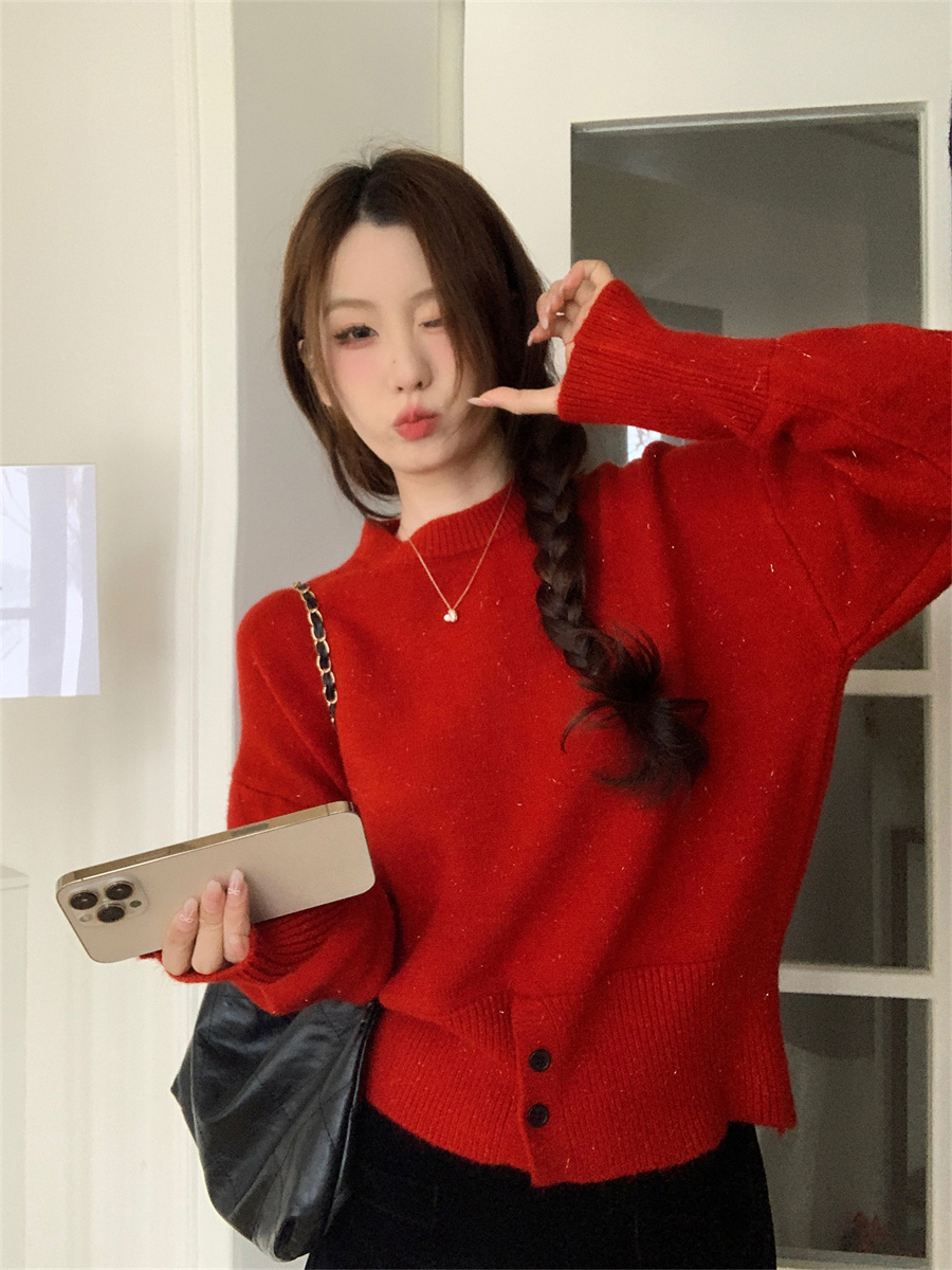 Real shot of winter clothing, stand-up collar, long sleeves, loose, stylish, sweet, solid color, chic pullover sweater top for women