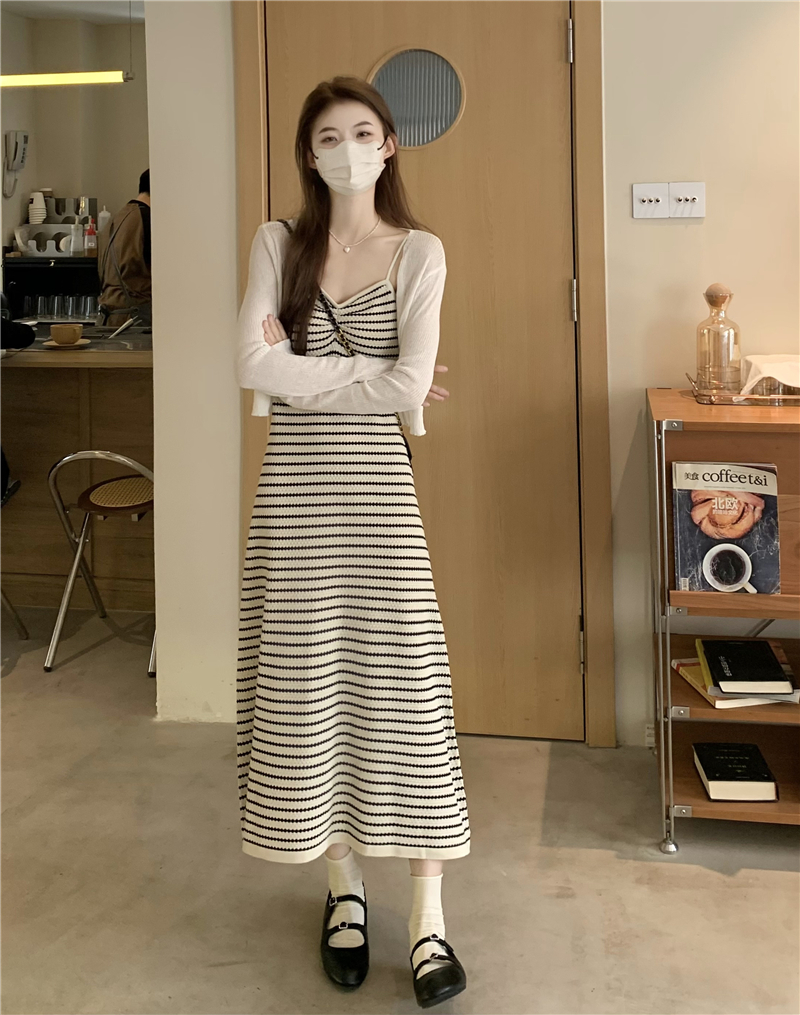 实拍 春季~2023年韩版条纹针织吊带连衣裙撞色背心长裙女