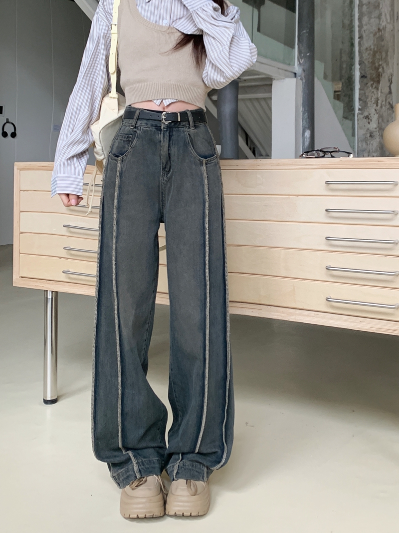 Actual shot #New loose denim trousers for women, high-waisted design, vertical stripes, floor-length wide-leg trousers