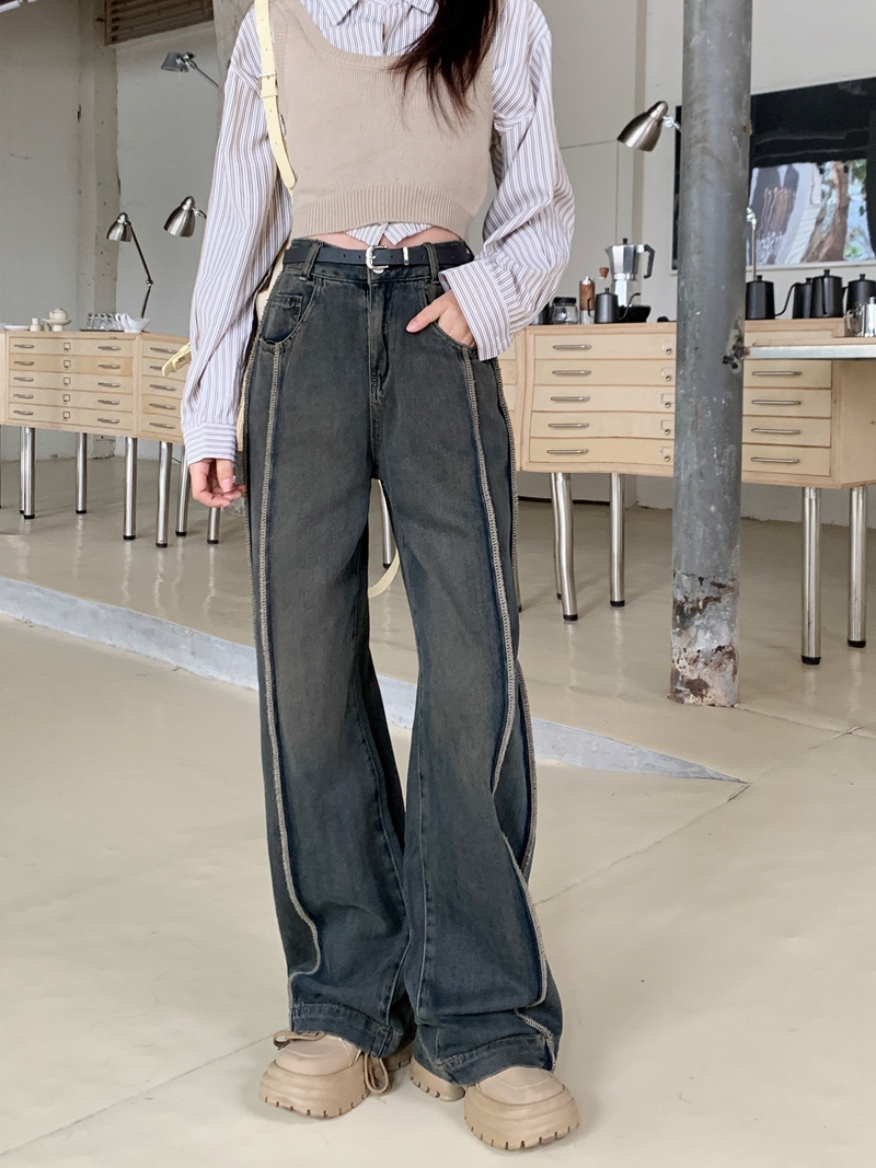 Actual shot #New loose denim trousers for women, high-waisted design, vertical stripes, floor-length wide-leg trousers
