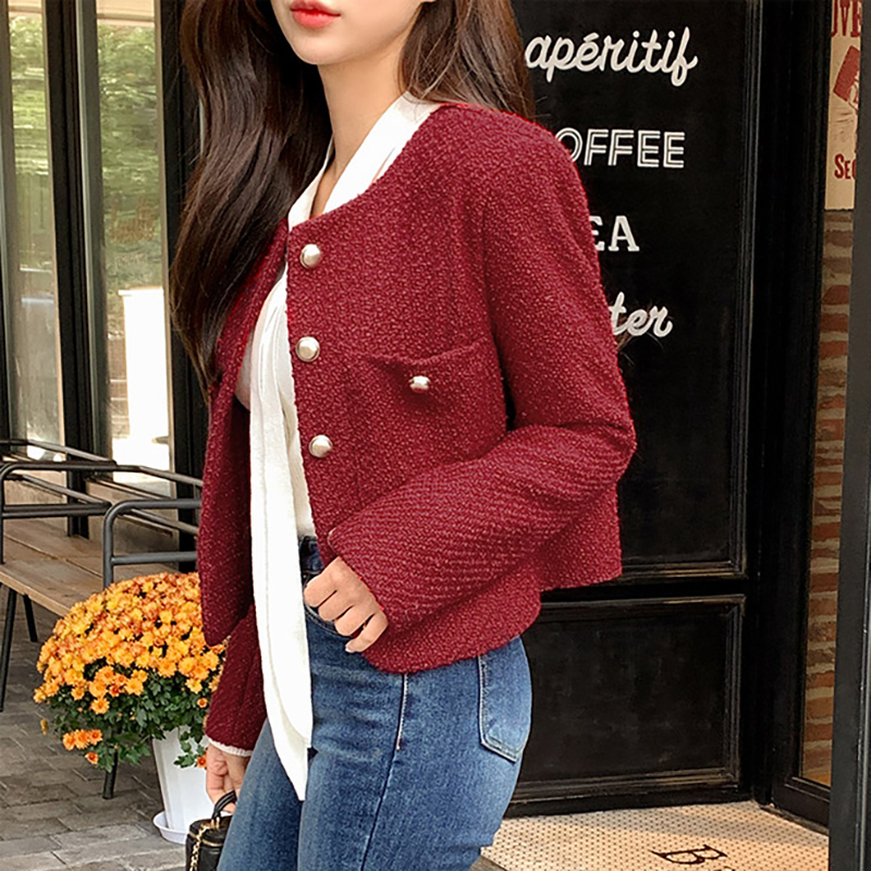 2024 Spring and Autumn New Korean Style Simple Versatile Round Neck Small Fragrant Style Tweed Short Jacket Female Socialite Style Top