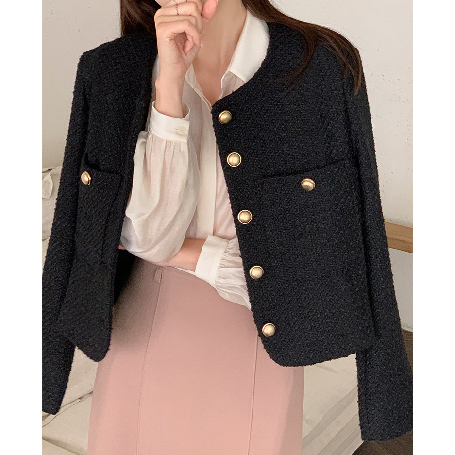 2024 Spring and Autumn New Korean Style Simple Versatile Round Neck Small Fragrant Style Tweed Short Jacket Female Socialite Style Top