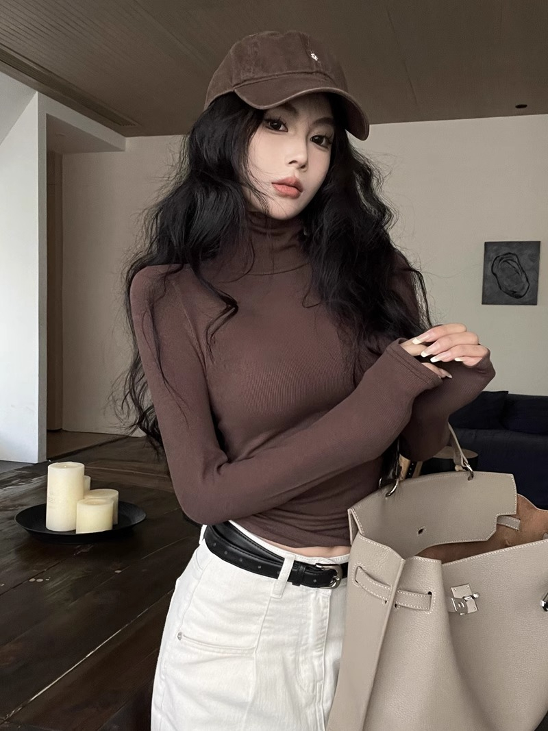 Black tight-fitting turtleneck long-sleeved T-shirt for women in autumn pure lust hot girl slimming bottoming shirt