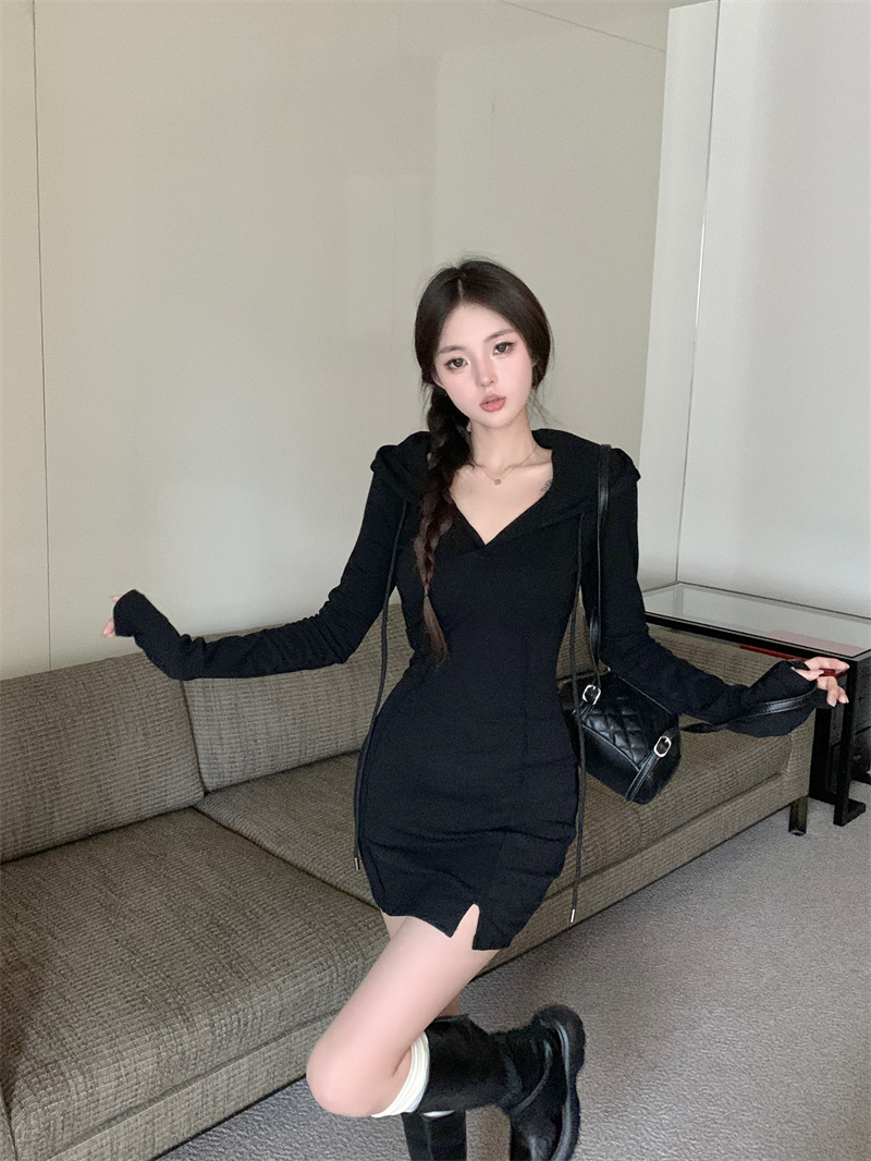 Korean hot girl small slit waist hooded dress female pure desire design temperament slimming versatile short skirt