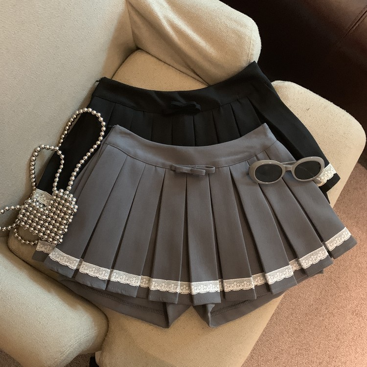 Actual shot of autumn and winter retro college style bow skirt