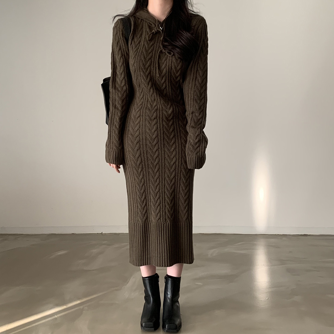 Korean chic versatile warm hooded retro long sweater dress knitted heavy industry dress for women