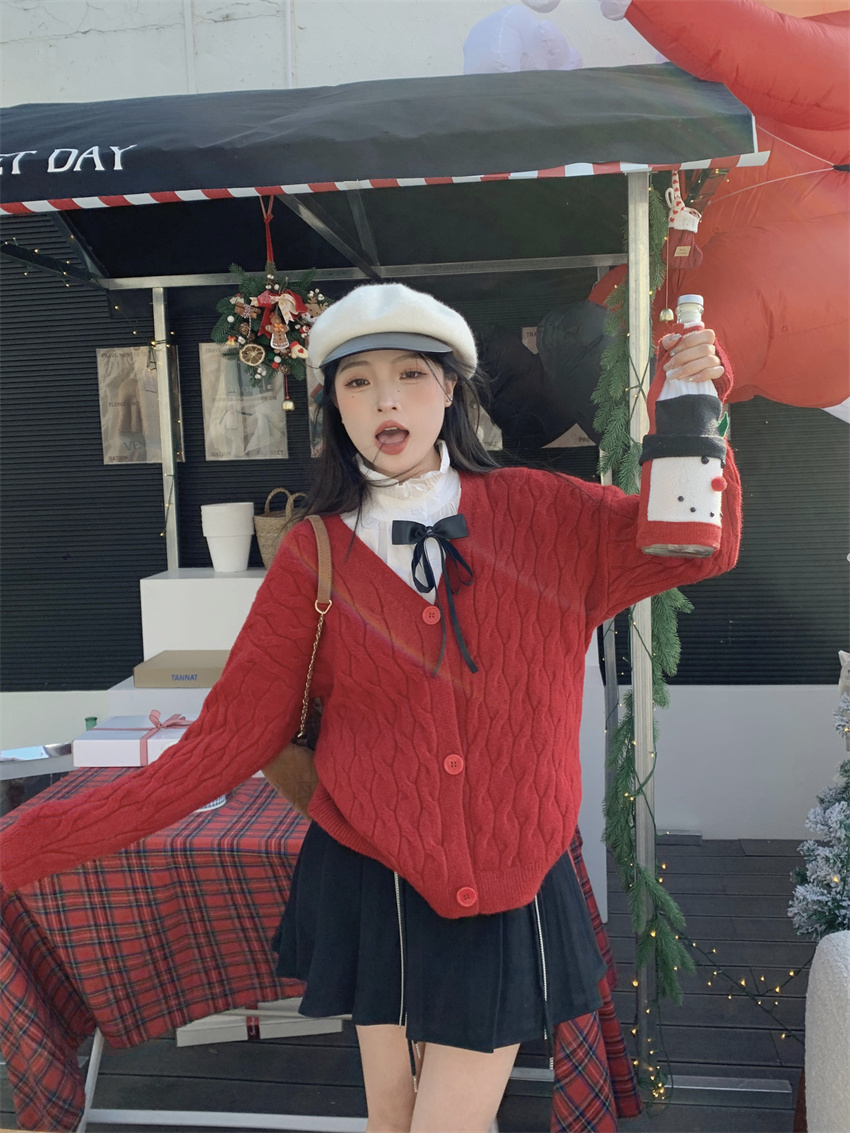 Real shot of red twist sweater jacket + bow-tie white top + A-line skirt