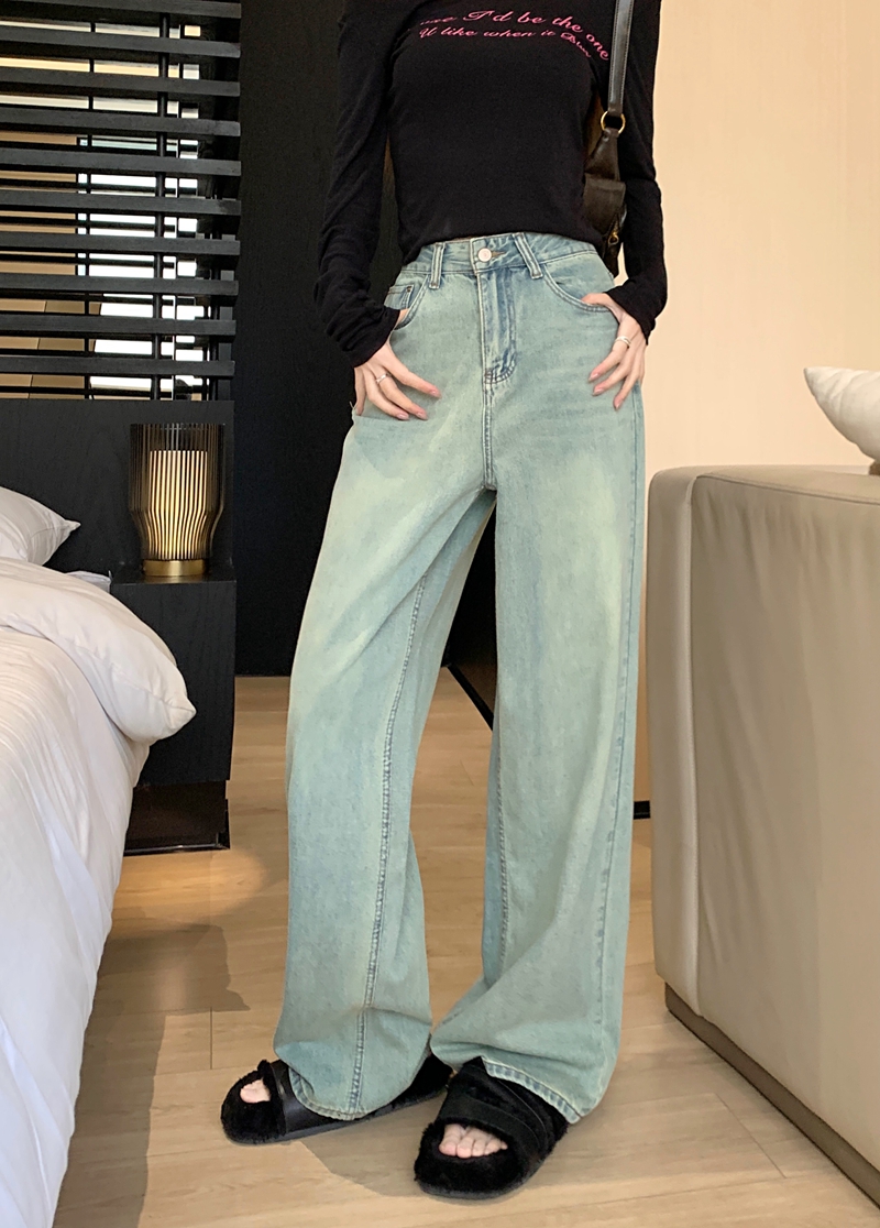 Actual shot #Loose straight denim trousers for women, high-waisted design, embroidered back pockets, narrow wide-leg floor-length trousers