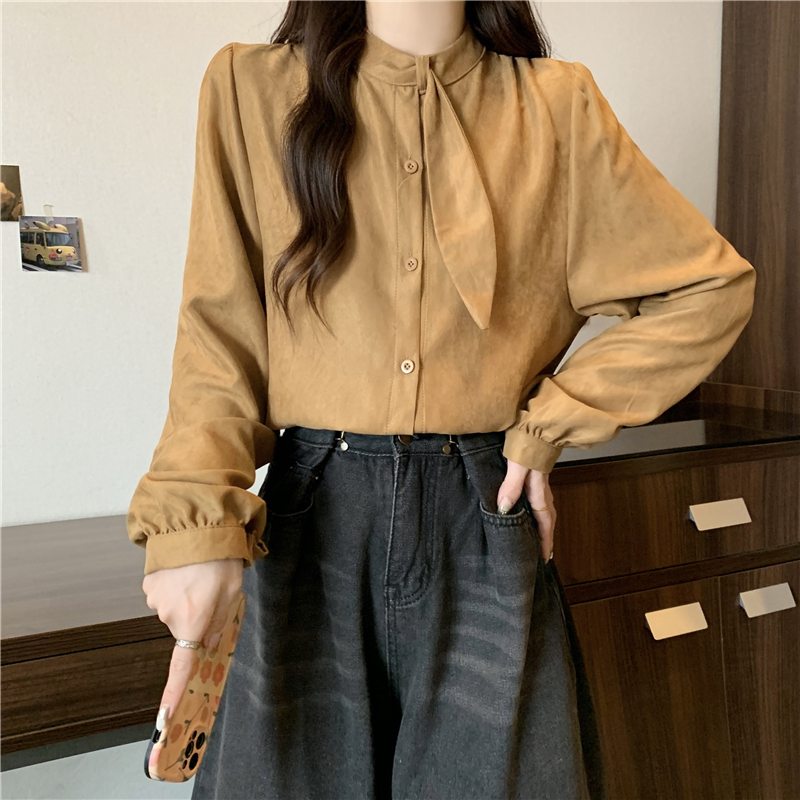 Real shot of Korean style retro chic half turtleneck shirt for women, slim and versatile long-sleeved shirt top