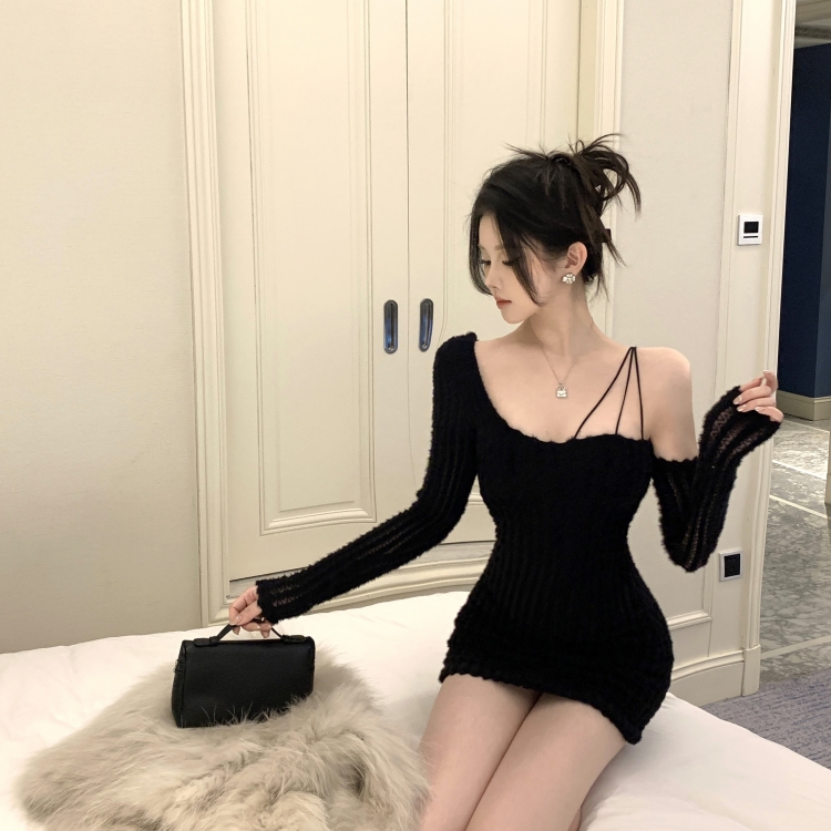 實拍實價 辣妹露肩長袖蕾絲連衣裙修身短款包臀裙