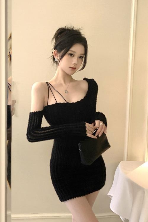 實拍實價 辣妹露肩長袖蕾絲連衣裙修身短款包臀裙