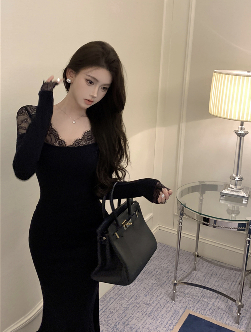 實拍復古性感V領蕾絲拼接包臀魚尾裙收腰顯瘦連衣裙女