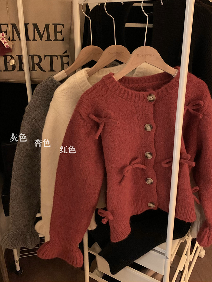Actual shot ~ New autumn and winter Korean style loose New Year red bow lazy knitted sweater cardigan jacket for women