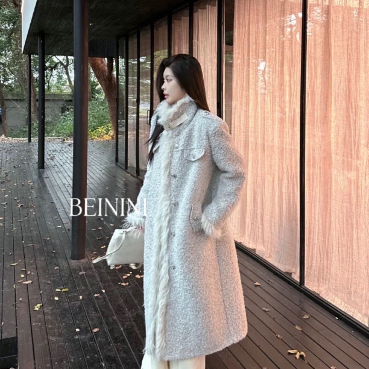 贝妮妮冰城慕斯高级感时尚毛呢大衣新款气质显瘦保暖棉服外套