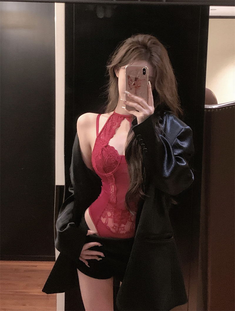 Real shot ~ Black sexy pure lust style halterneck slim fit suspender 2024 new lace vest jumpsuit