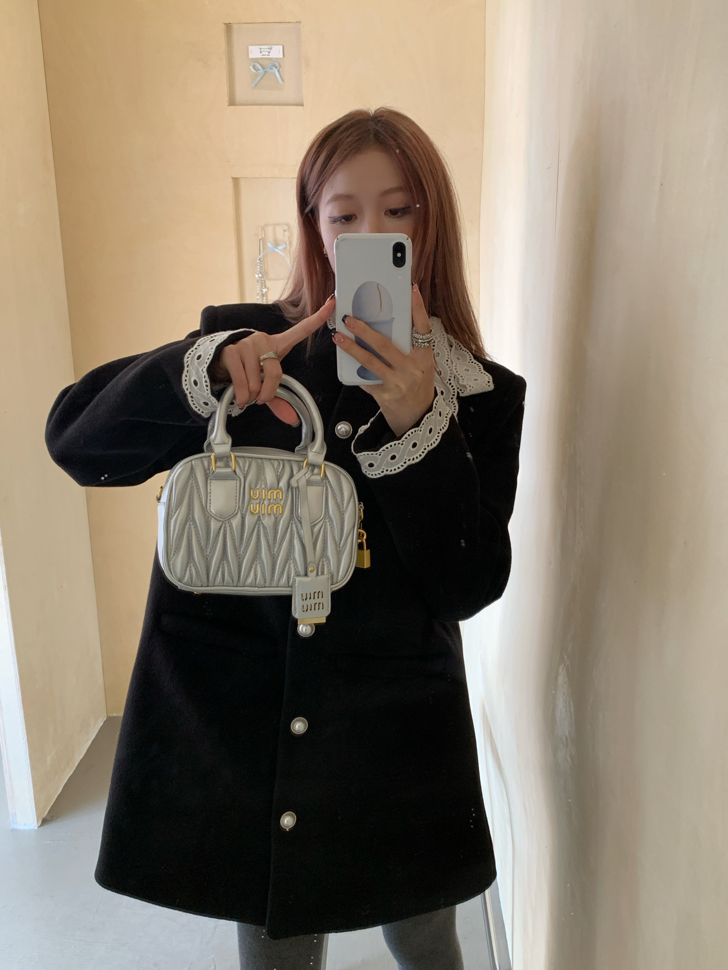 Actual shot Xiaoxiangfeng contrasting color lace warm quilted mid-length woolen jacket