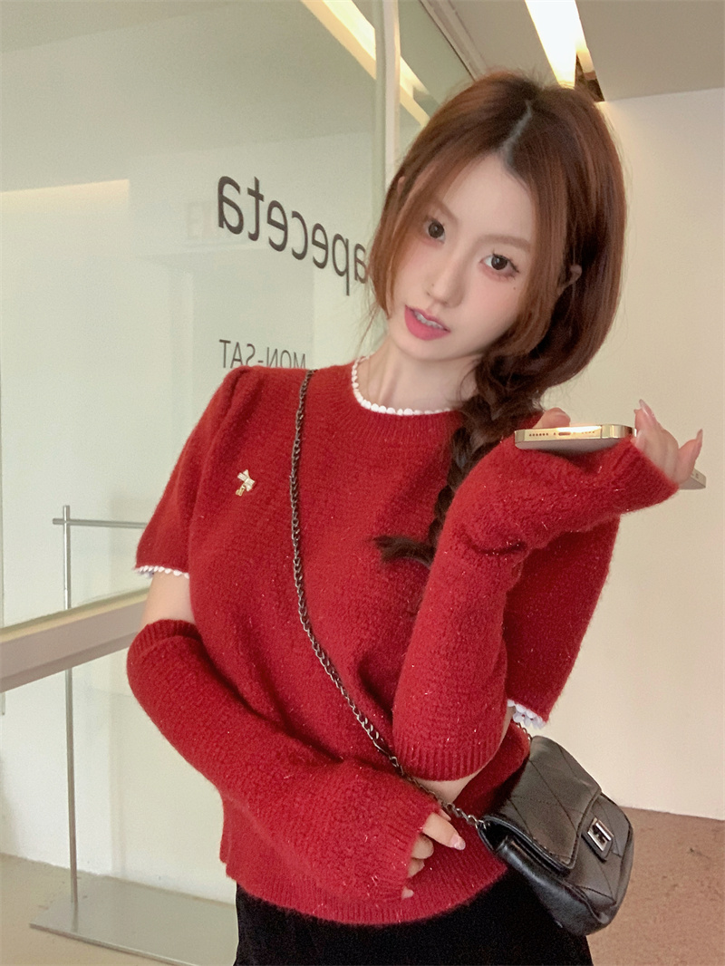Actual shot of New Year’s atmosphere Christmas red sweater with sleeves super nice French niche loose knitted top