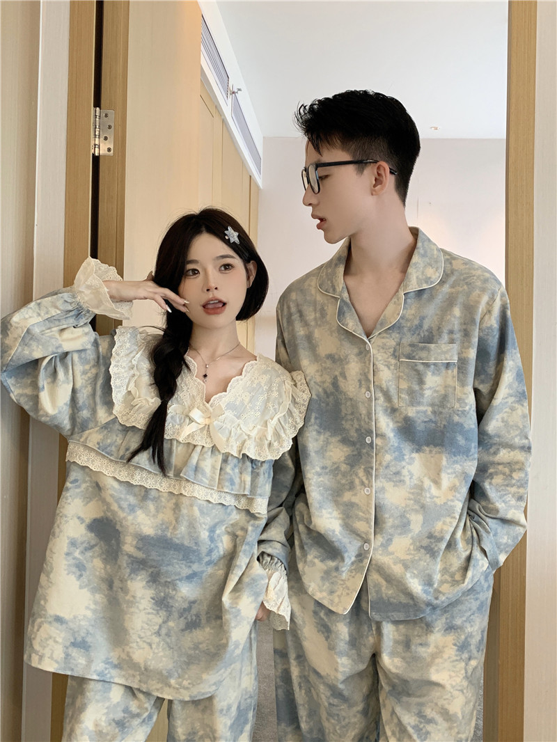 Real shot of couple's spring and autumn cotton brushed loose casual smoked color sweet skin-friendly and comfortable long-sleeved home clothes
