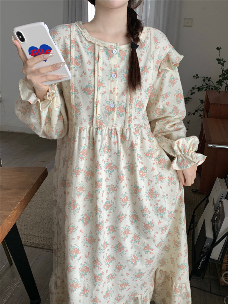Real shot of Korean version of spring and autumn pastoral style women's loose cotton brushed skin-friendly comfortable casual home wear nightgown