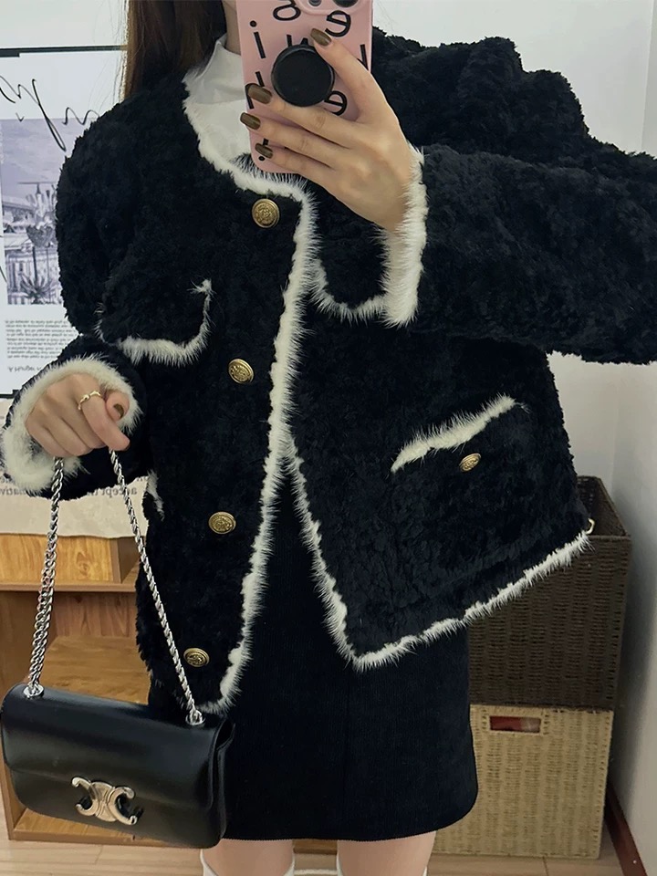 Xiaoxiangfeng Jacket Women's 2023 Autumn and Winter New Lamb Plush Fur One-piece Thickened Black Fur Top Short Style
