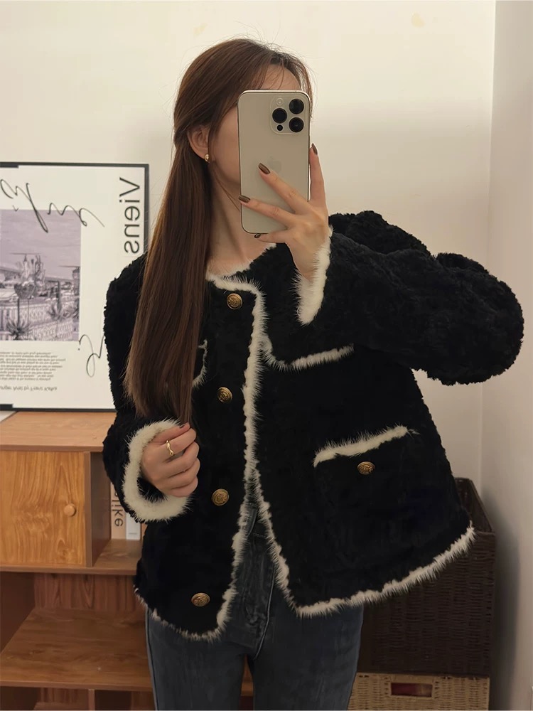 Xiaoxiangfeng Jacket Women's 2023 Autumn and Winter New Lamb Plush Fur One-piece Thickened Black Fur Top Short Style