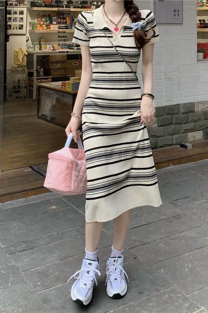 实拍 春季~2024年韩系条纹polo领针织连衣裙女气质裙子