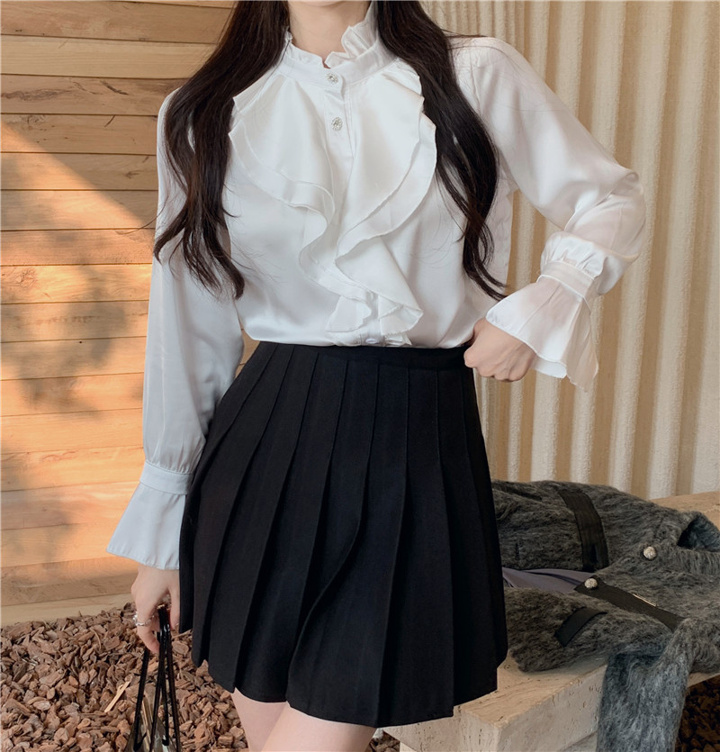 Real shot of palace-style ruffled French heavy-duty design bell-sleeved shirt + high-waisted slim skirt