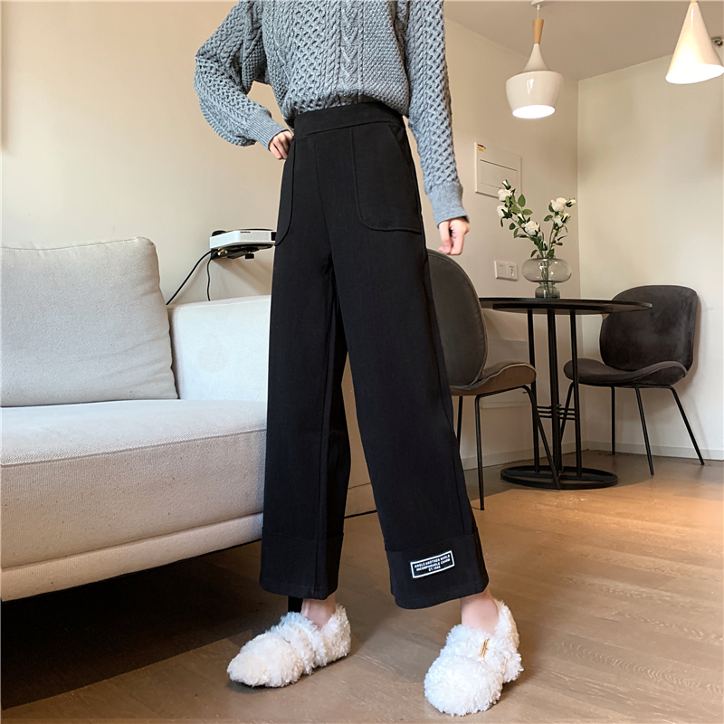 -Real shot-Longfeng nylon woolen wide-leg pants for women in autumn and winter, drapey thickened casual pants for women