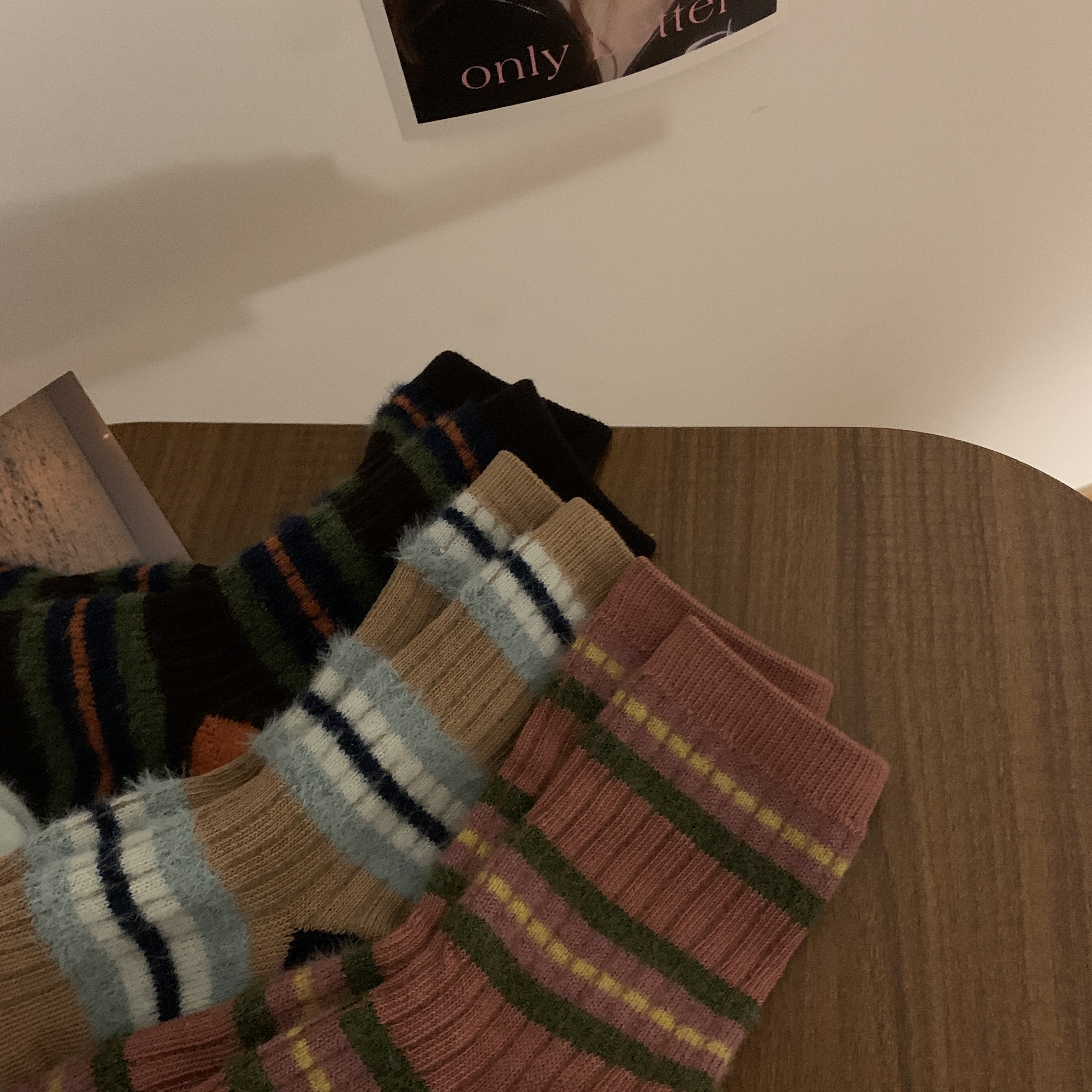 Actual shot of Korean style striped plush socks, warm mid-calf socks, autumn and winter pile socks, versatile 3 pairs