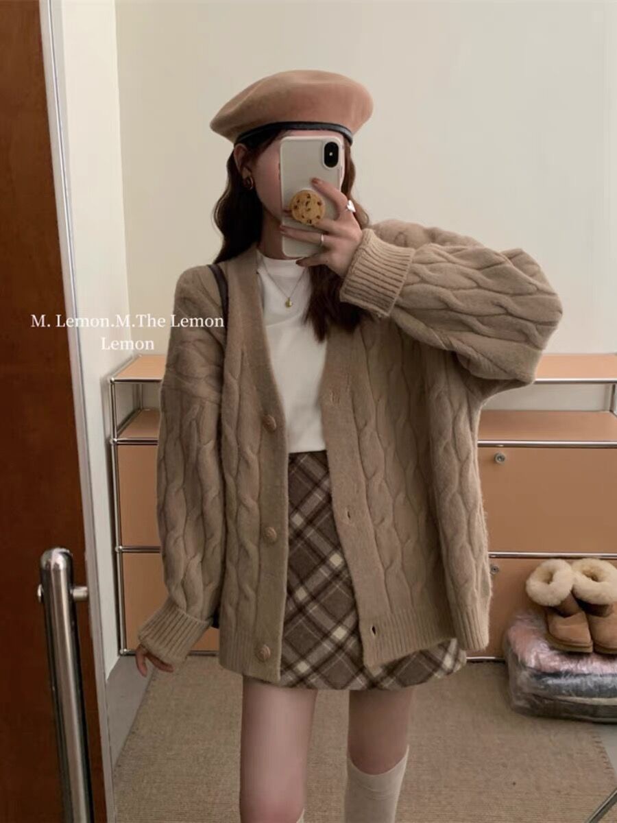 Korean style lazy style twist knitted jacket for women 2023 autumn and winter thickened sweater cardigan