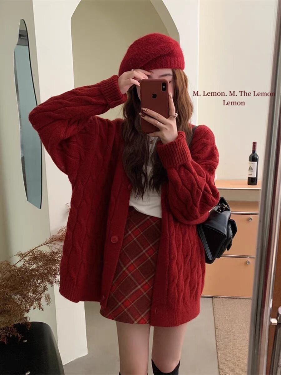 Korean style lazy style twist knitted jacket for women 2023 autumn and winter thickened sweater cardigan