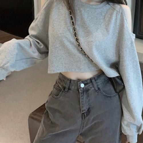 Lazy style navel-baring short top for summer new off-shoulder long-sleeved T-shirt for women