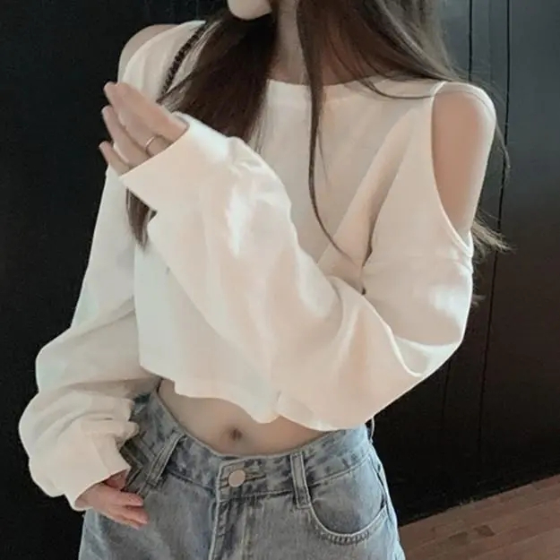 Lazy style navel-baring short top for summer new off-shoulder long-sleeved T-shirt for women