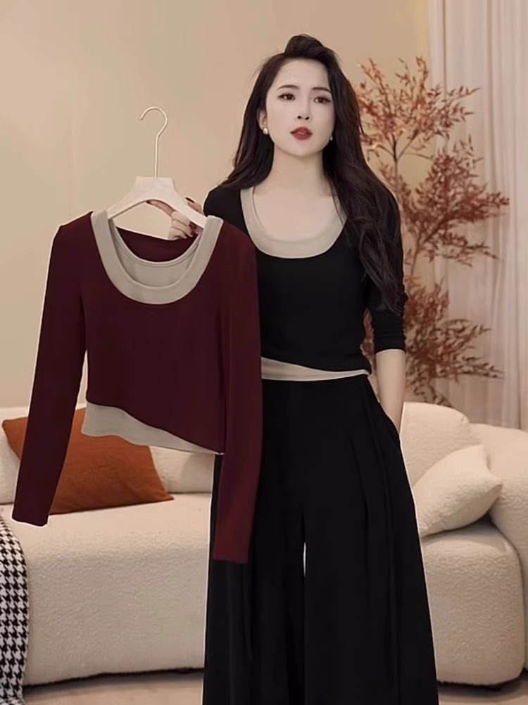 280g threaded German velvet  autumn and winter holiday two-piece long-sleeved T-shirt for women