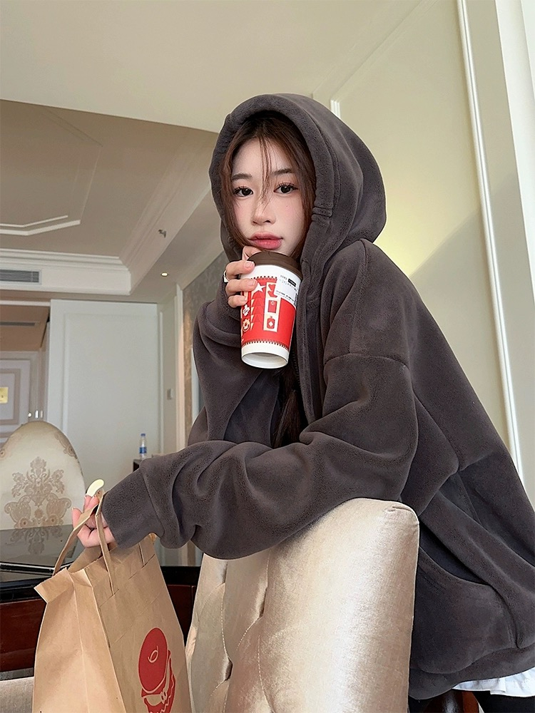 Plush velvet thickened hooded sweatshirt for women winter Korean version 2023 new design BF loose long-sleeved top