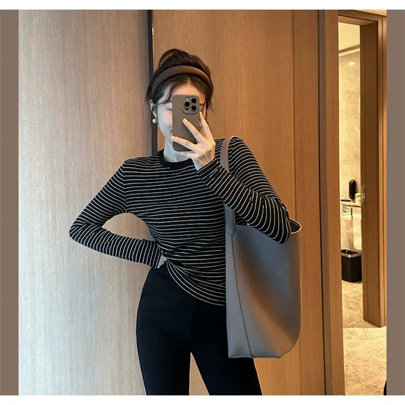 280 grams Dove velvet  autumn and winter new Korean style striped long-sleeved T-shirt for women