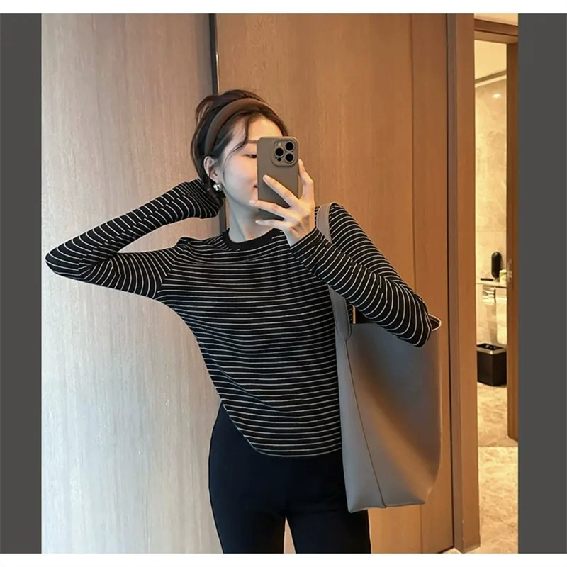 280 grams Dove velvet  autumn and winter new Korean style striped long-sleeved T-shirt for women
